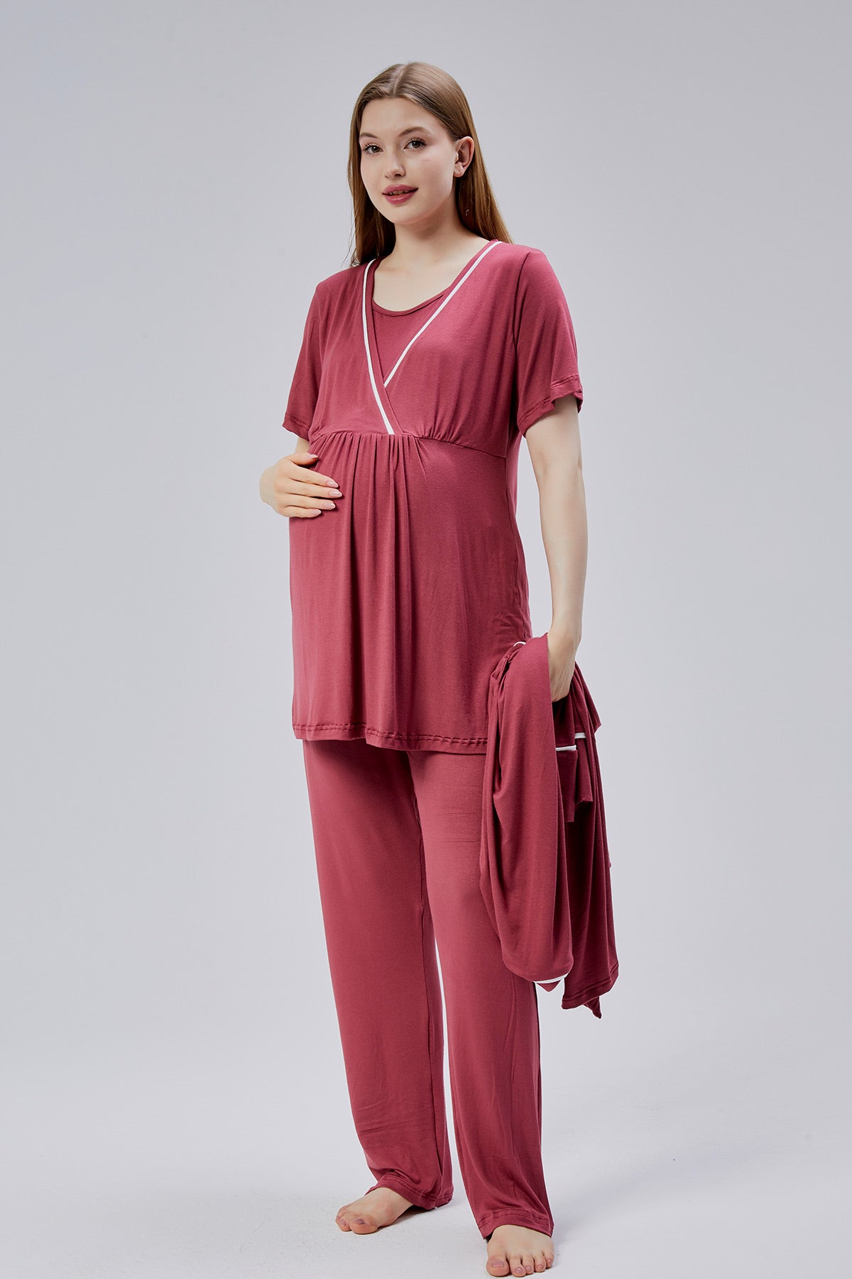 Biyeli Kruvaze Lohusa Pijama ve Sabahlık Takımı - 0810