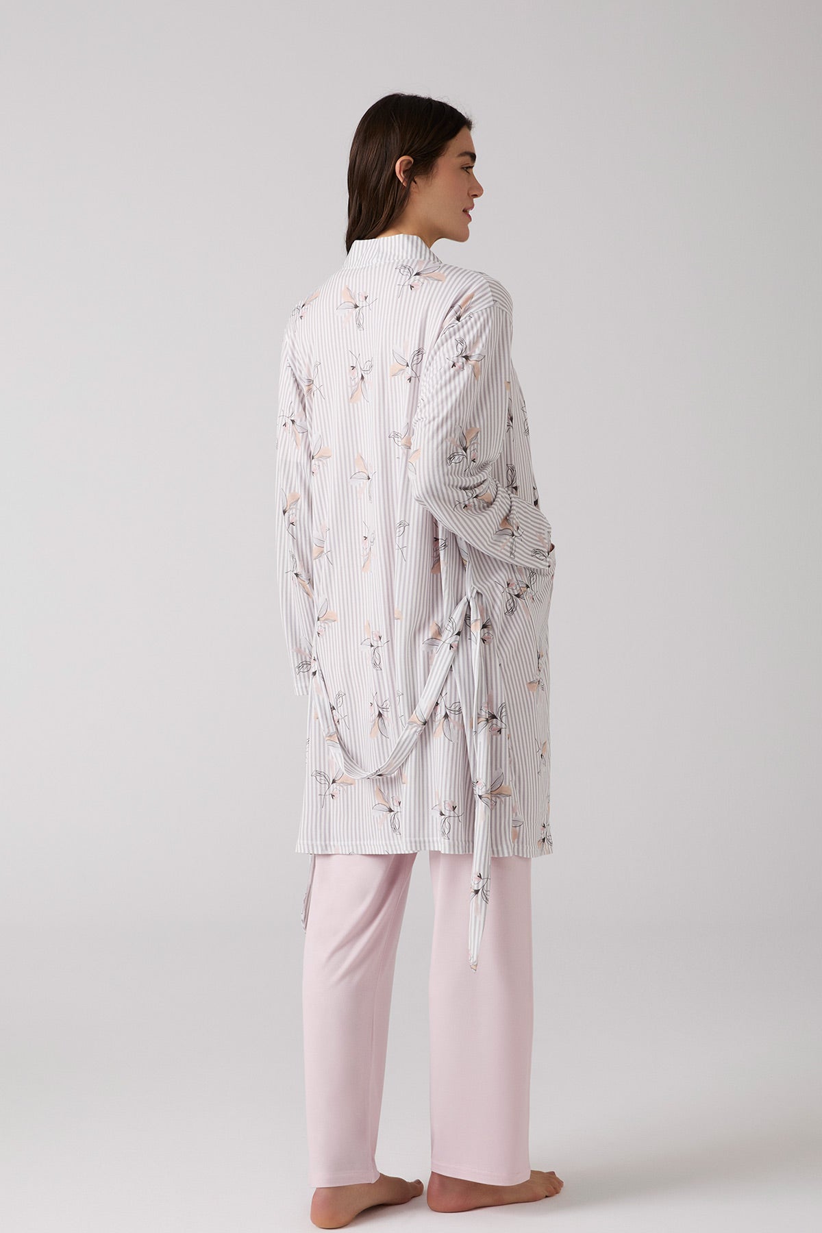 Bisiklet Yaka Lohusa Pijama ve Desenli Sabahlık Takımı - 1014