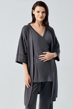 Image of Dantelli Kenar Kruvaze Lohusa Pijama ve Sabahlık Takımı - 10302