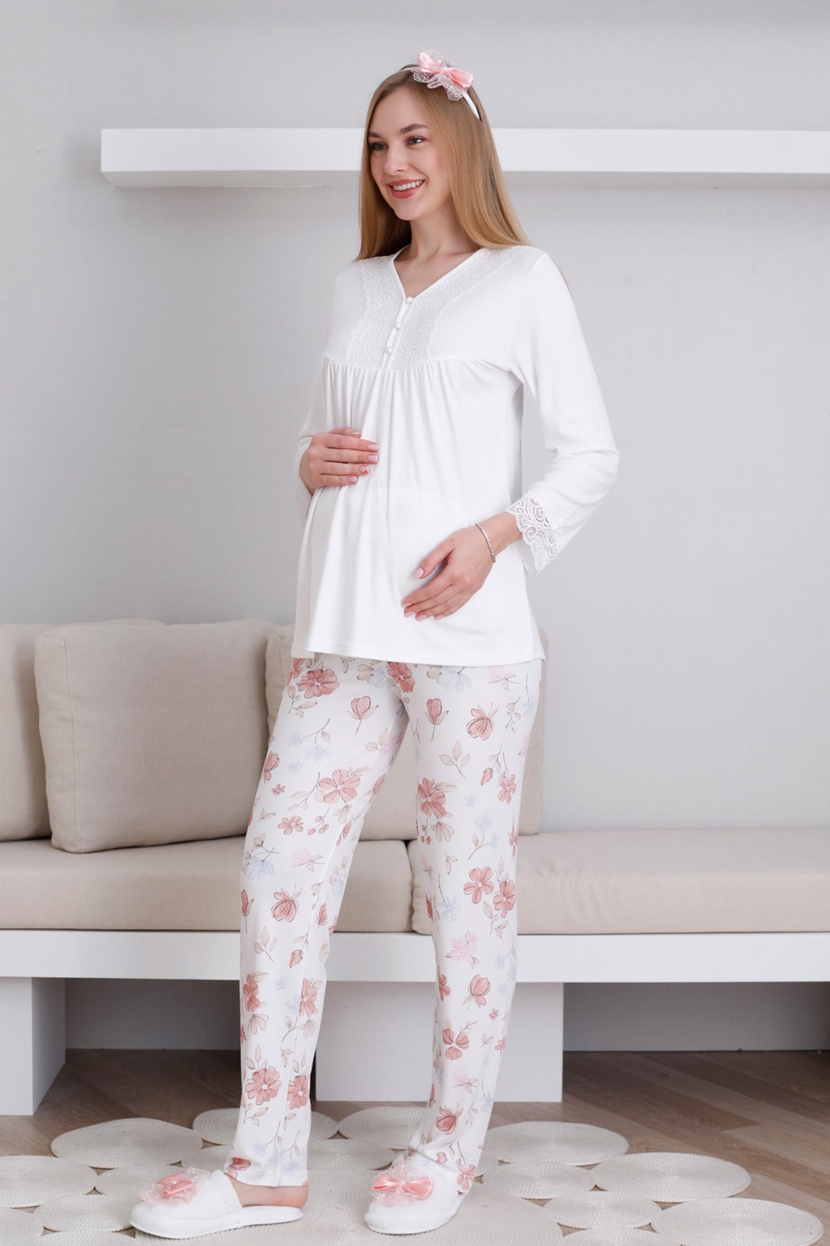 Dantelli Yaka Lohusa Pijama Takımı - 1173