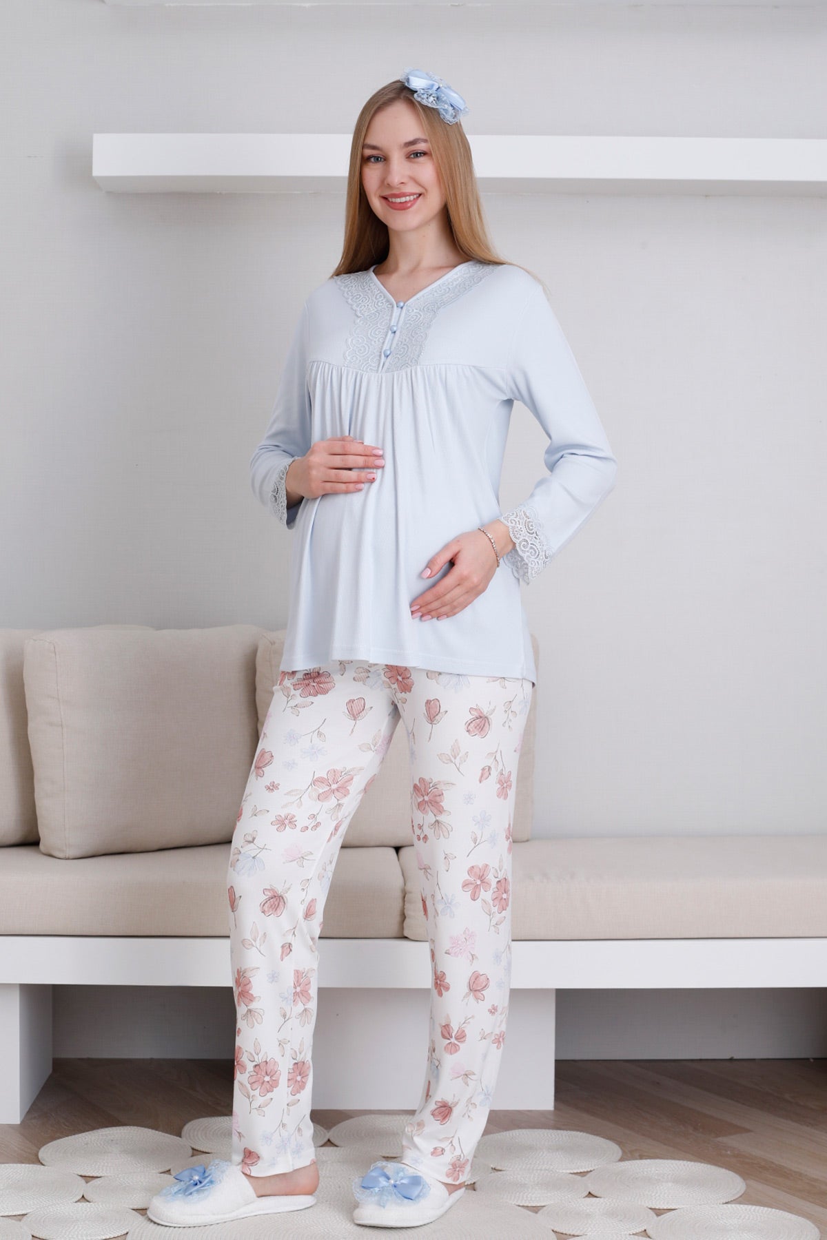 Dantelli Yaka Lohusa Pijama Takımı - 1173