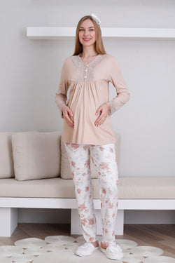 Image of Dantelli Yaka Lohusa Pijama Takımı - 1173