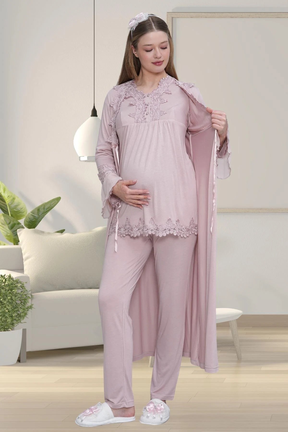 Dantel Detaylı Lohusa Pijama ve Sabahlık Takımı - 1517