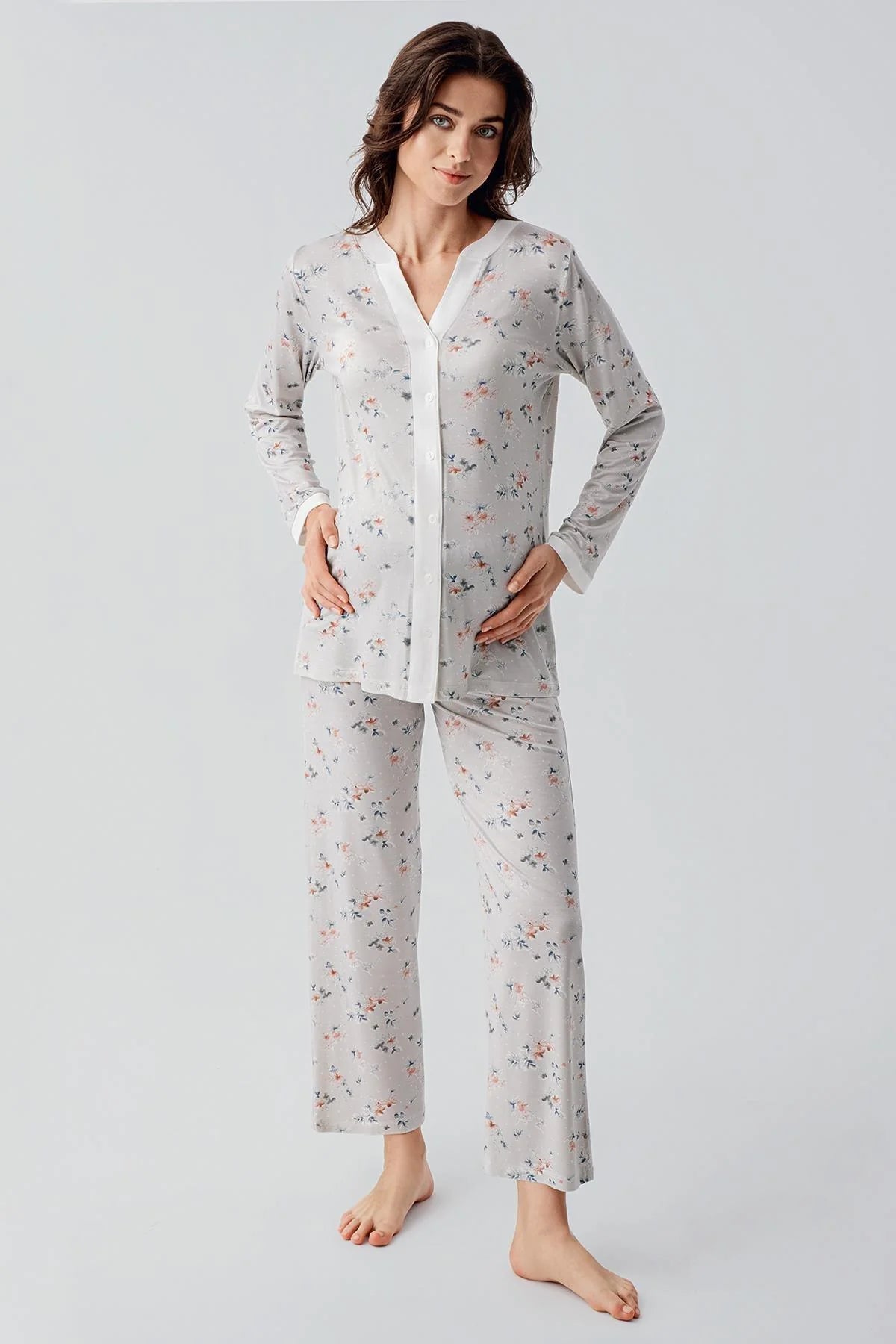 Çiçek Desenli Önden Düğmeli Lohusa Pijama Takımı - 16214