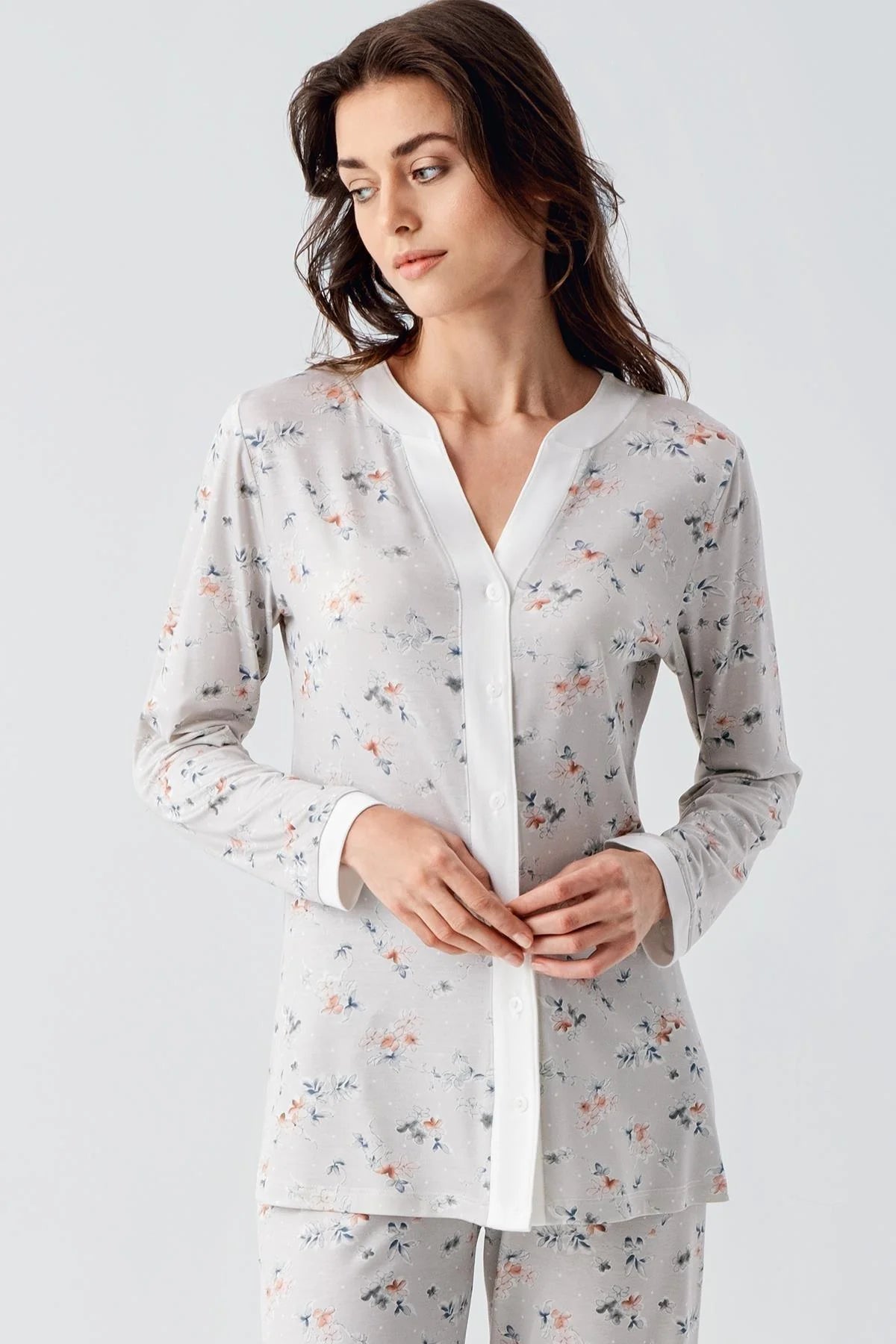 Çiçek Desenli Önden Düğmeli Lohusa Pijama Takımı - 16214