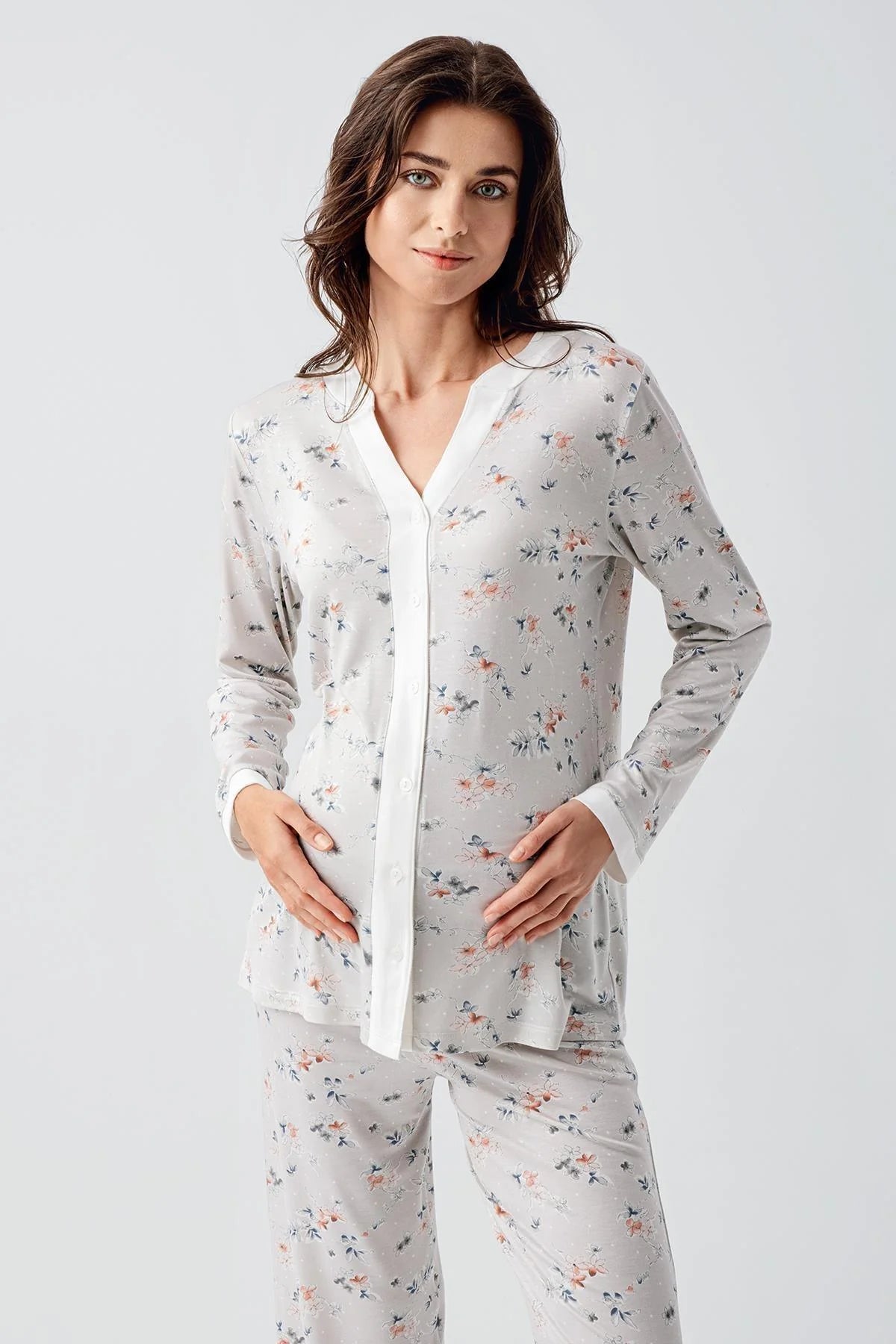 Çiçek Desenli Önden Düğmeli Lohusa Pijama Takımı - 16214