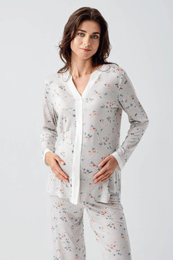 Image of Çiçek Desenli Önden Düğmeli Lohusa Pijama Takımı - 16214