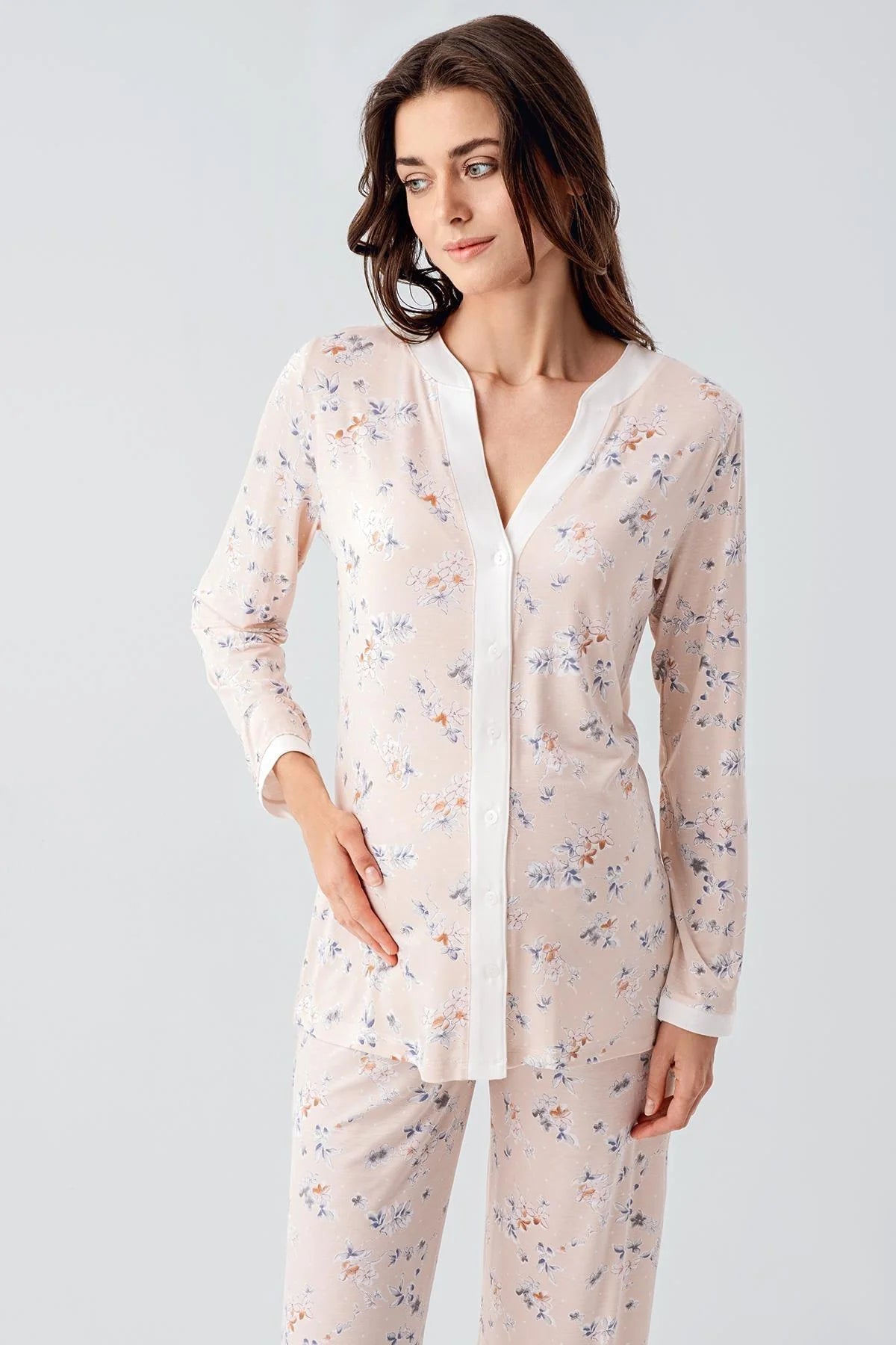 Çiçek Desenli Önden Düğmeli Lohusa Pijama Takımı - 16214