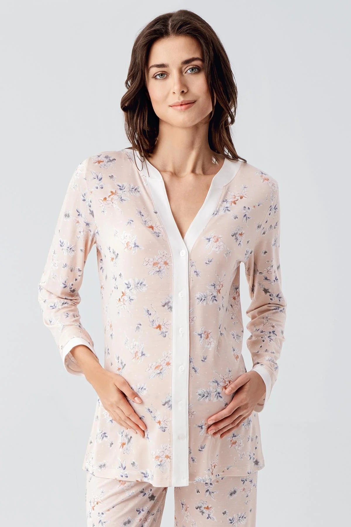 Çiçek Desenli Önden Düğmeli Lohusa Pijama Takımı - 16214