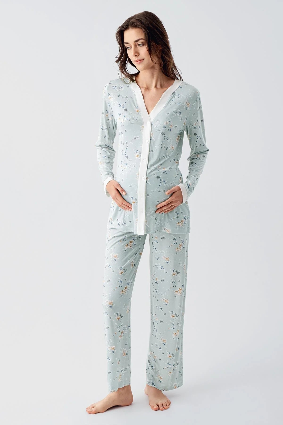 Çiçek Desenli Önden Düğmeli Lohusa Pijama Takımı - 16214
