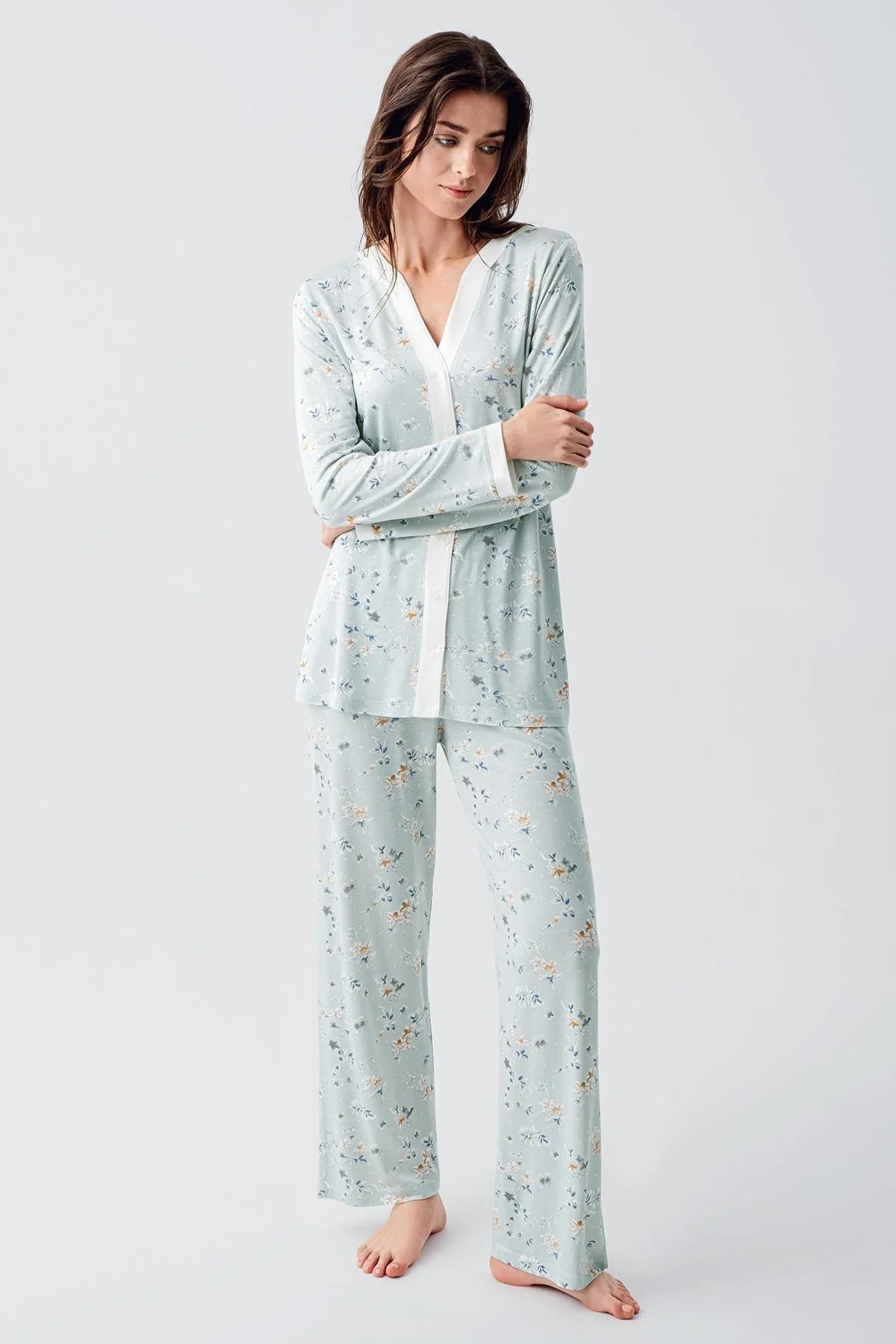 Çiçek Desenli Önden Düğmeli Lohusa Pijama Takımı - 16214
