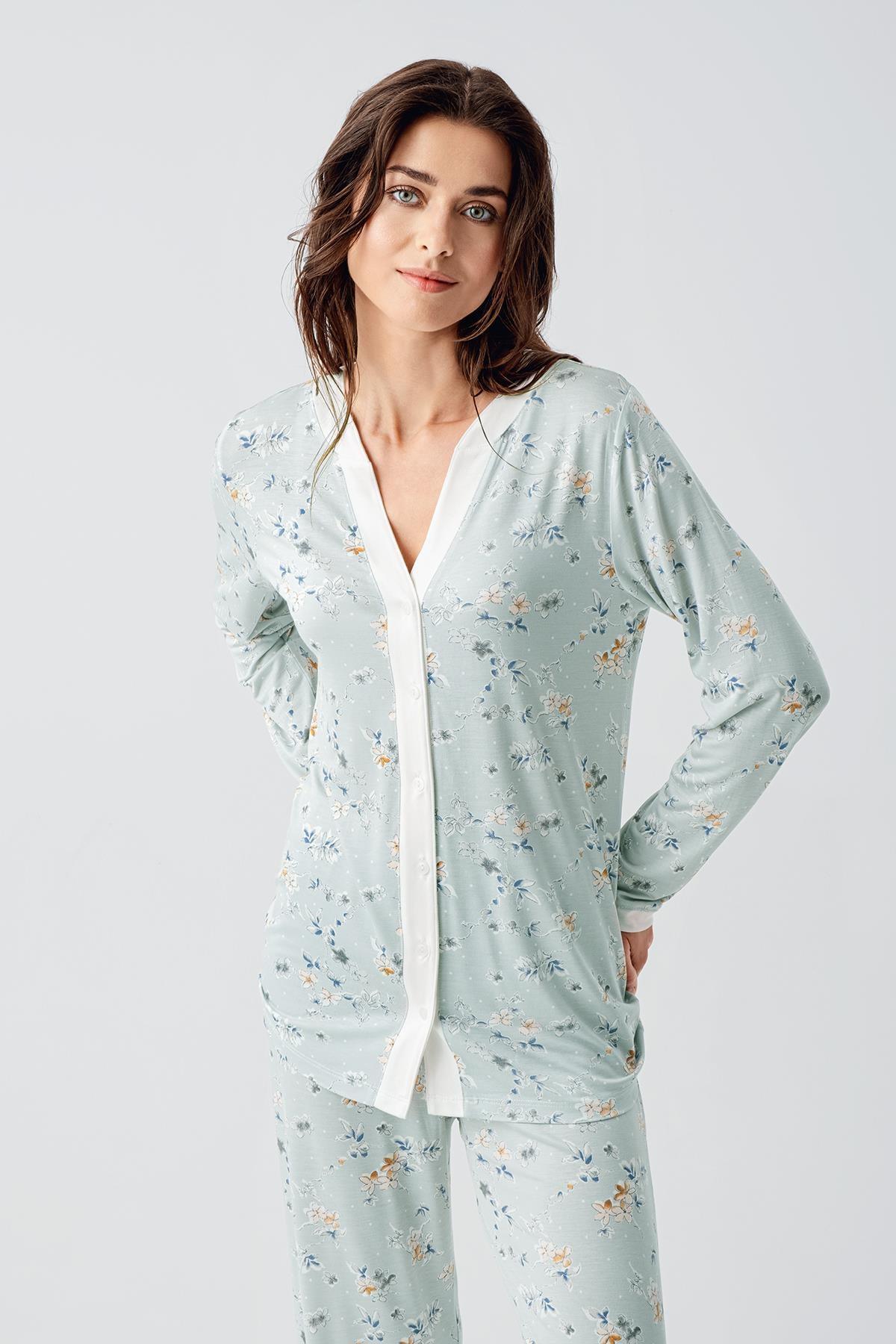 Çiçek Desenli Önden Düğmeli Lohusa Pijama Takımı - 16214