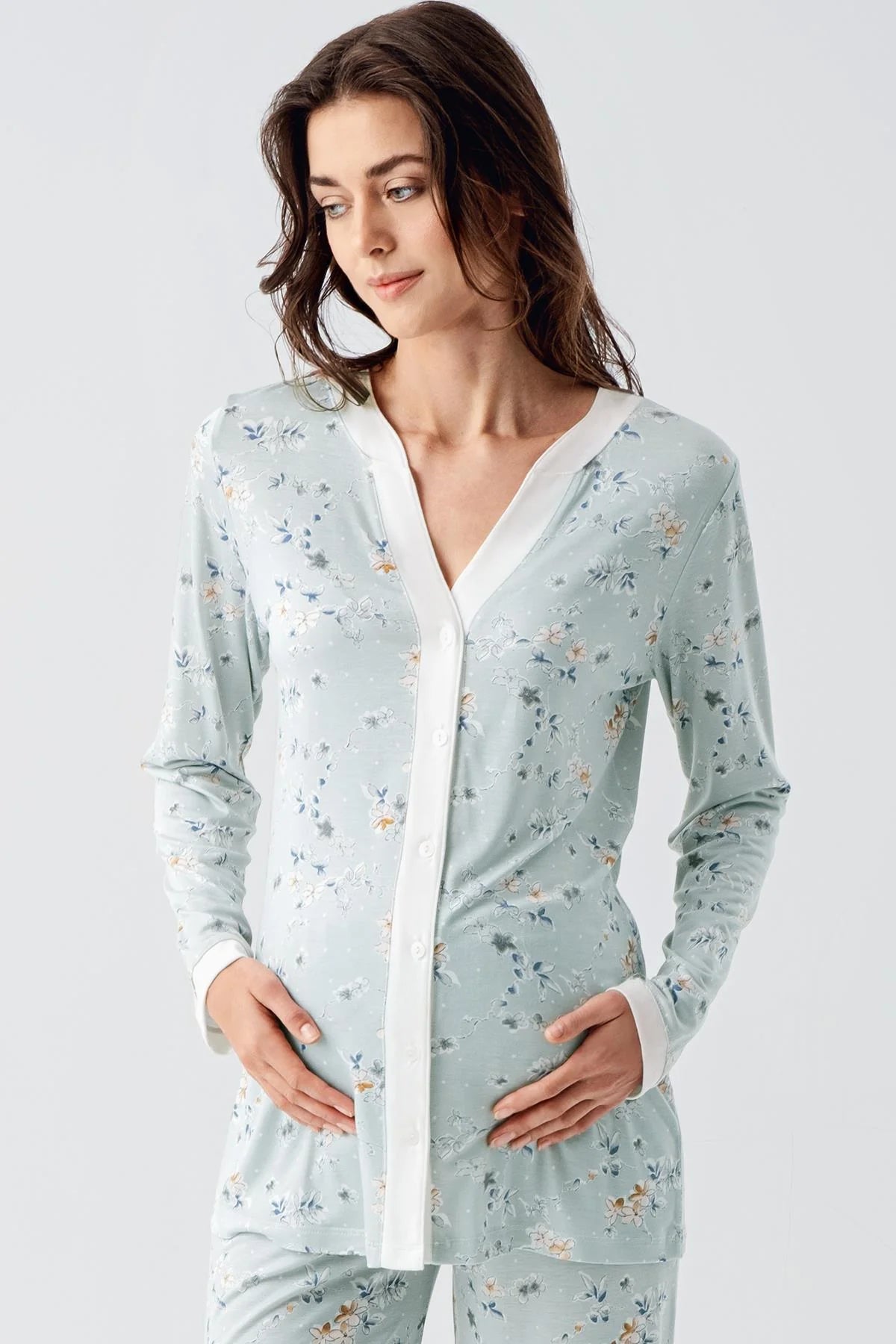 Çiçek Desenli Önden Düğmeli Lohusa Pijama Takımı - 16214