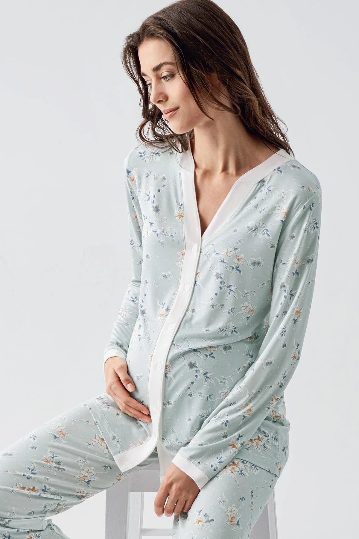 Çiçek Desenli Önden Düğmeli Lohusa Pijama Takımı - 16214