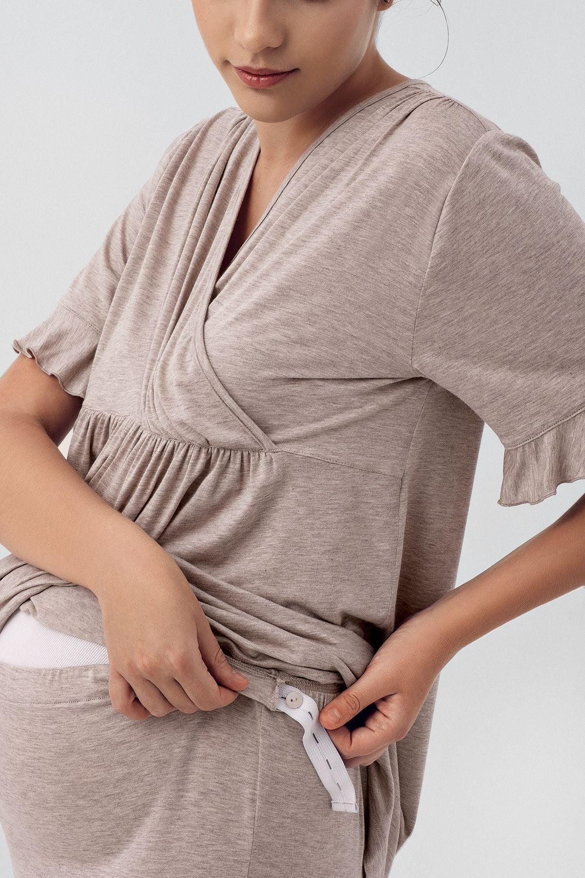 Likralı Kruvaze Lohusa Pijama ve Sabahlık Takımı - 16309