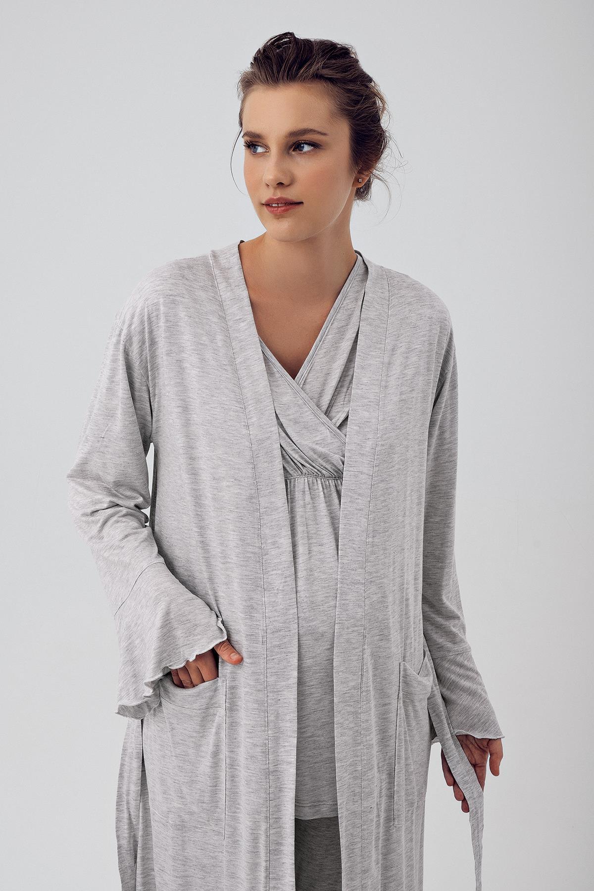 Likralı Kruvaze Lohusa Pijama ve Sabahlık Takımı - 16309