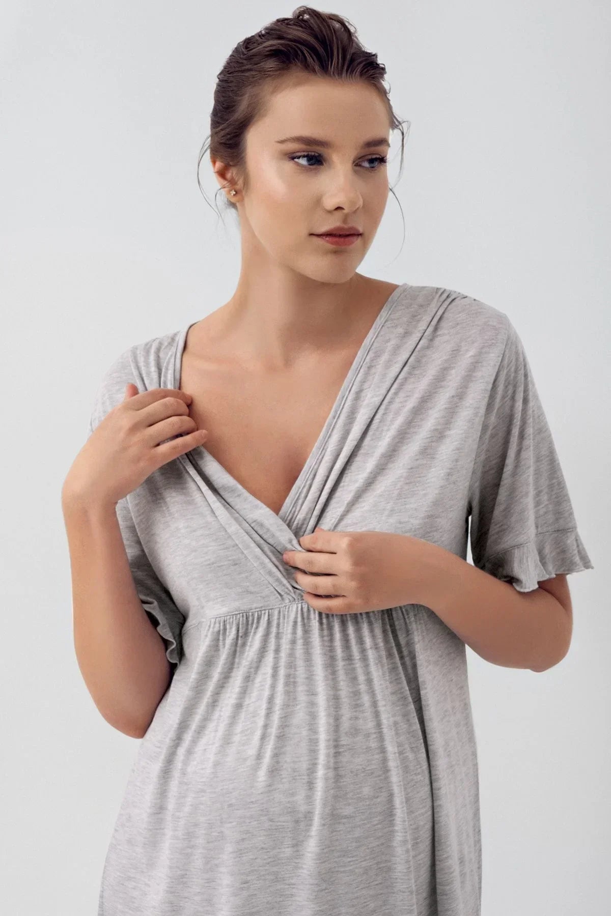 Likralı Kruvaze Lohusa Pijama ve Sabahlık Takımı - 16309