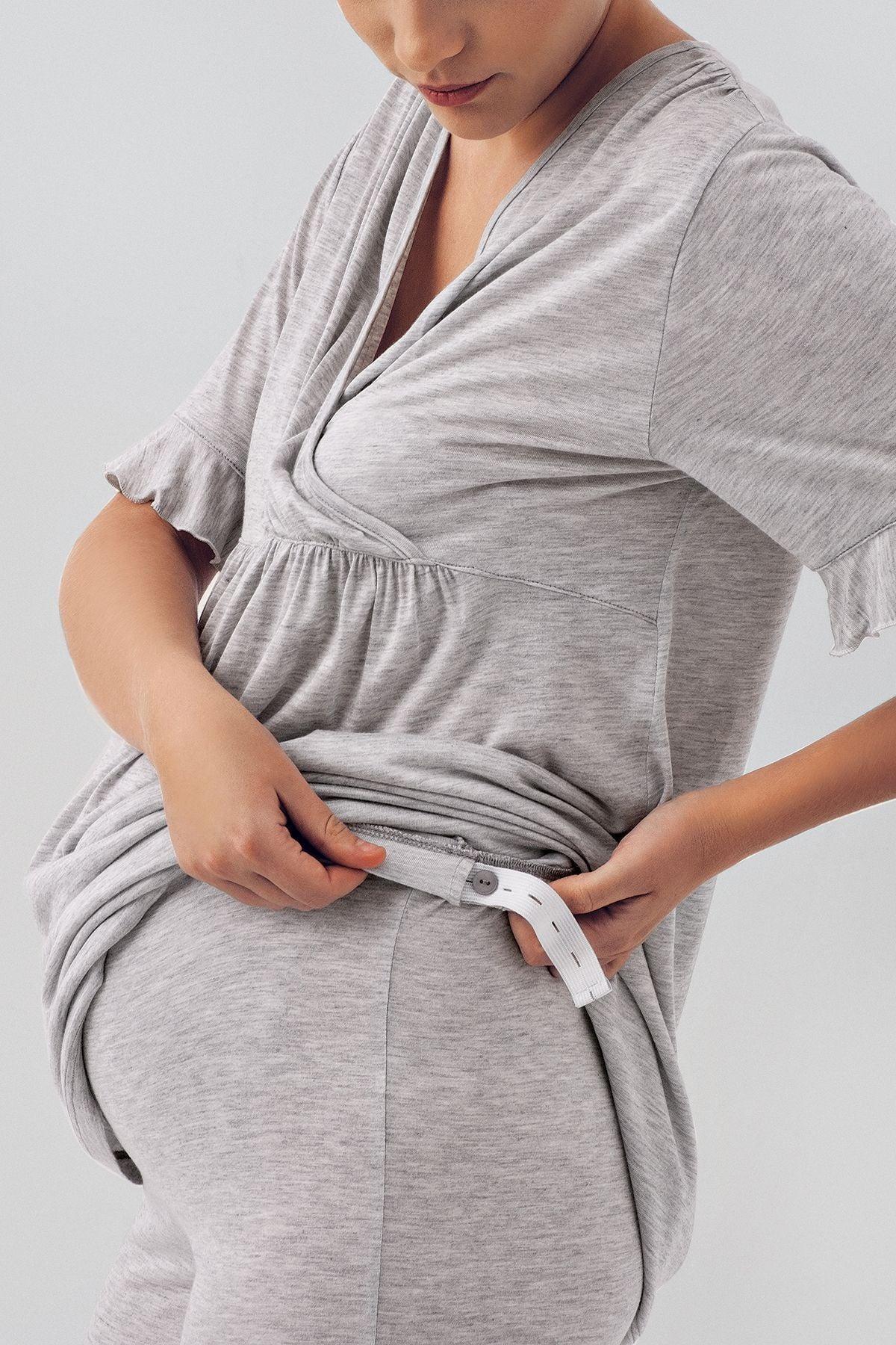 Likralı Kruvaze Lohusa Pijama ve Sabahlık Takımı - 16309