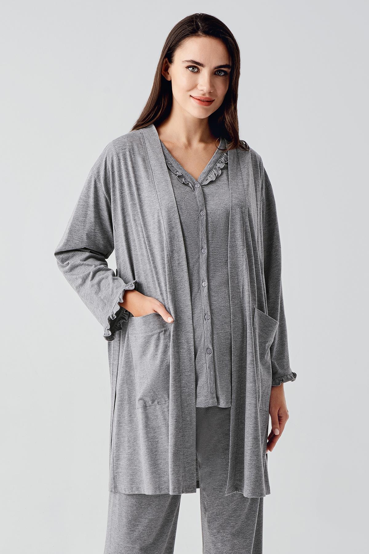 Çift Emzirme Özellikli Lohusa Pijama ve Sabahlık Takımı - 17300