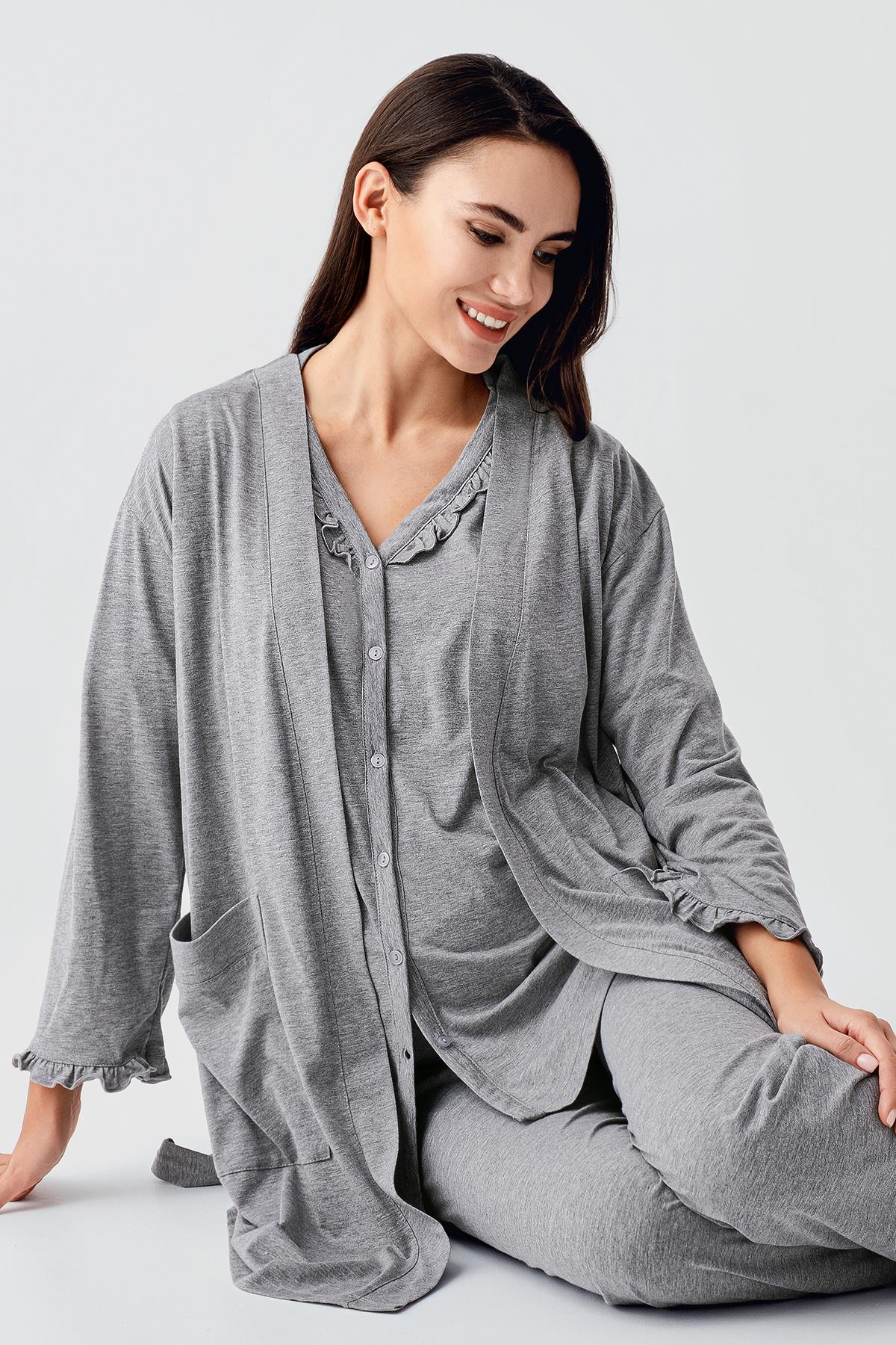 Çift Emzirme Özellikli Lohusa Pijama ve Sabahlık Takımı - 17300