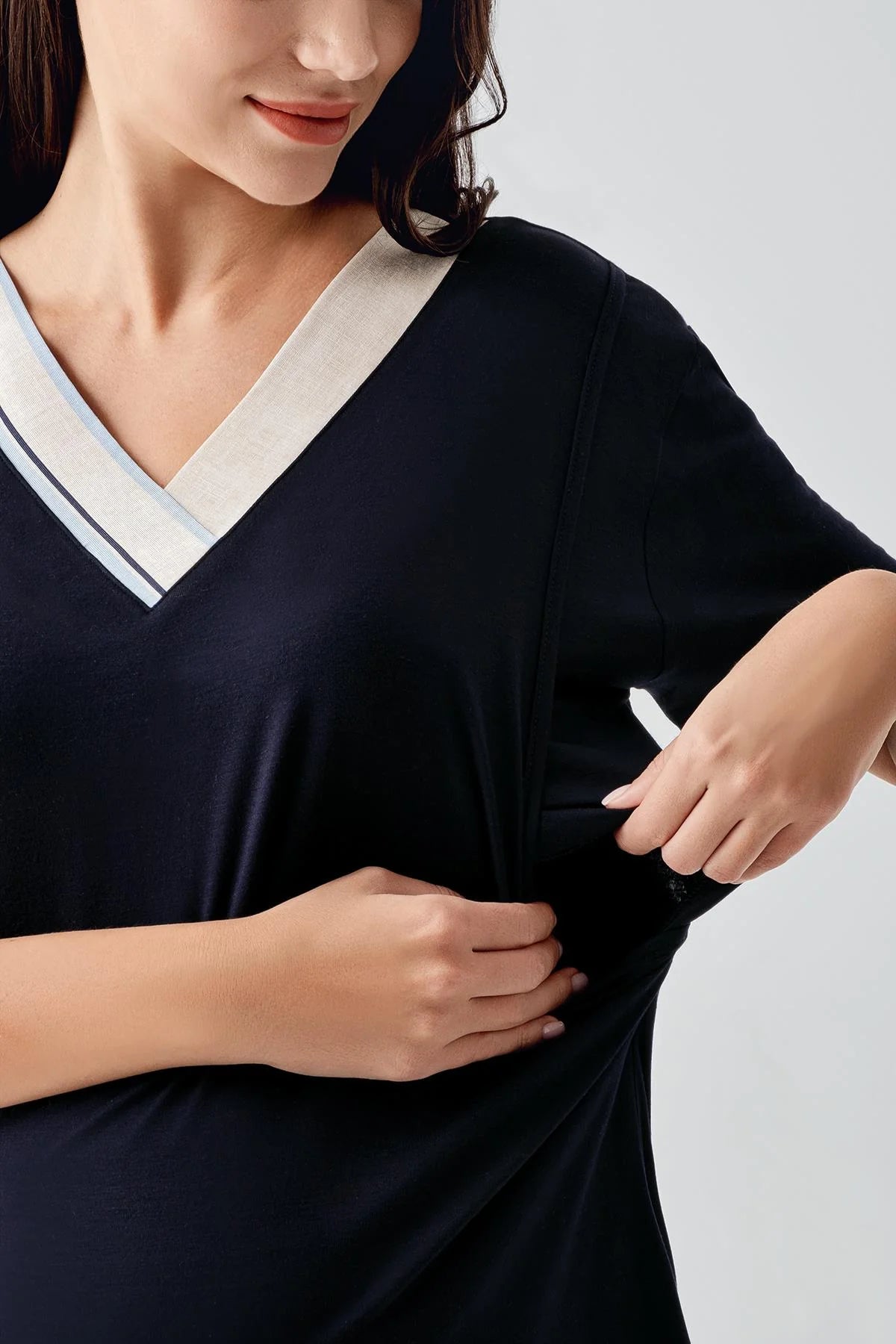 Çizgili Gizli Emzirme Bölmeli Lohusa Pijama ve Sabahlık Takımı - 17302