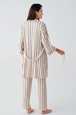 Image of Çizgili Gizli Emzirme Bölmeli Lohusa Pijama ve Sabahlık Takımı - 17302