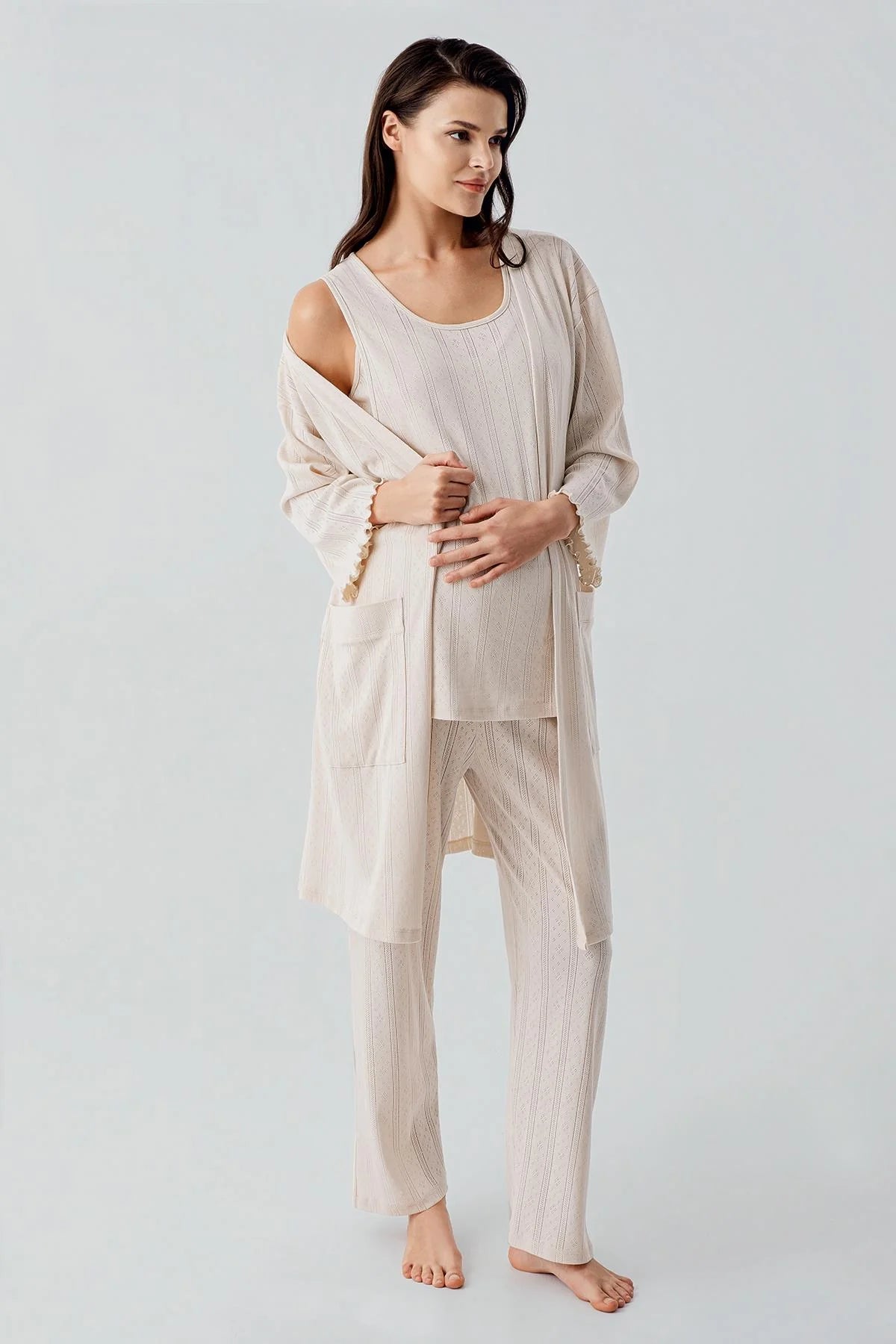 Gizli Emzirme Bölmeli Lohusa Pijama ve Sabahlık Takımı - 17308