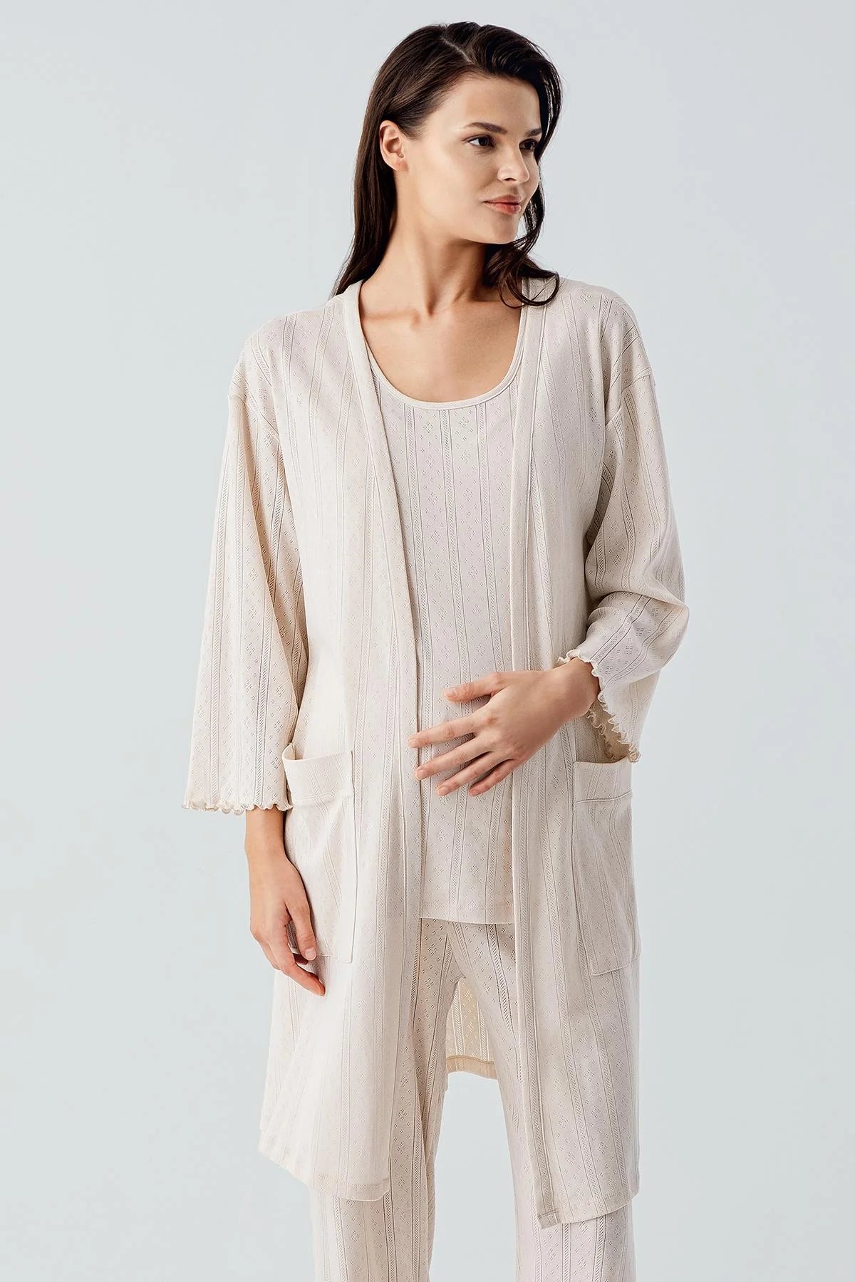 Gizli Emzirme Bölmeli Lohusa Pijama ve Sabahlık Takımı - 17308