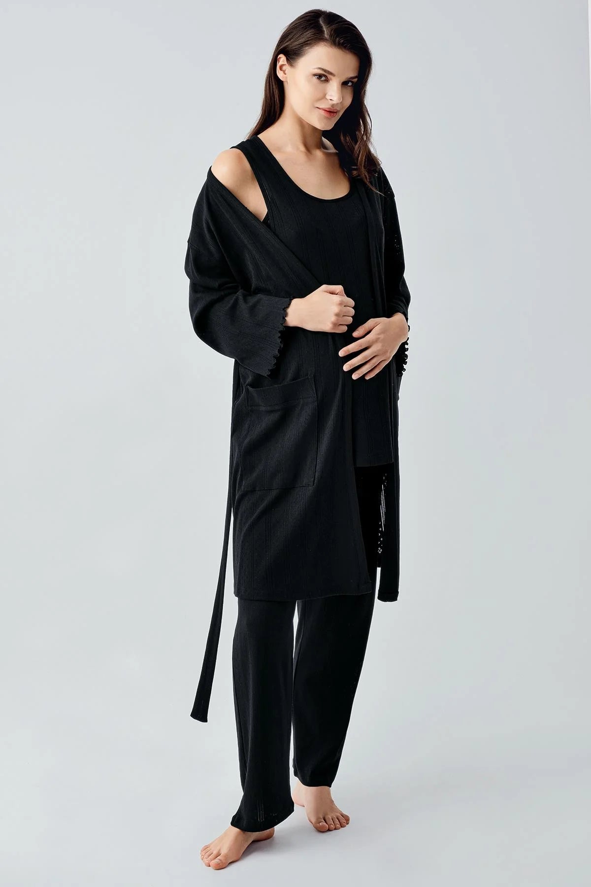 Gizli Emzirme Bölmeli Lohusa Pijama ve Sabahlık Takımı - 17308