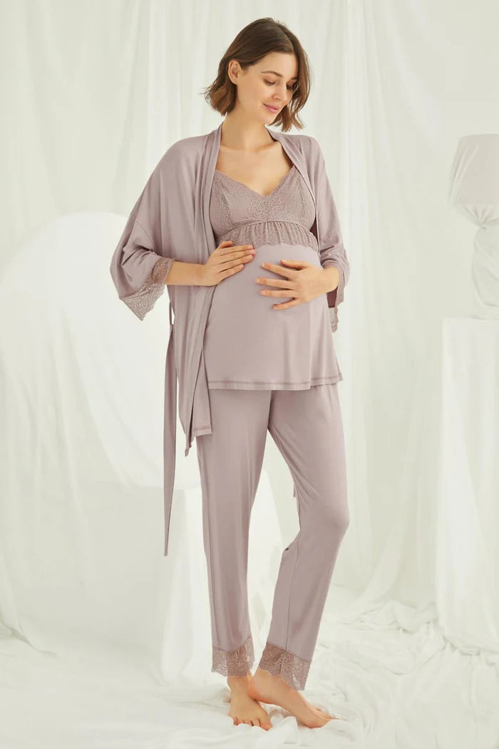 Askılı Dantelli Yaka Lohusa Pijama ve Sabahlık Takımı - 18431