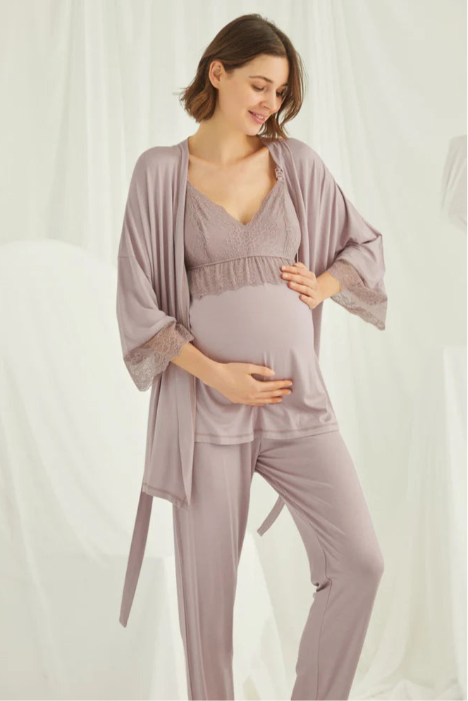 Askılı Dantelli Yaka Lohusa Pijama ve Sabahlık Takımı - 18431