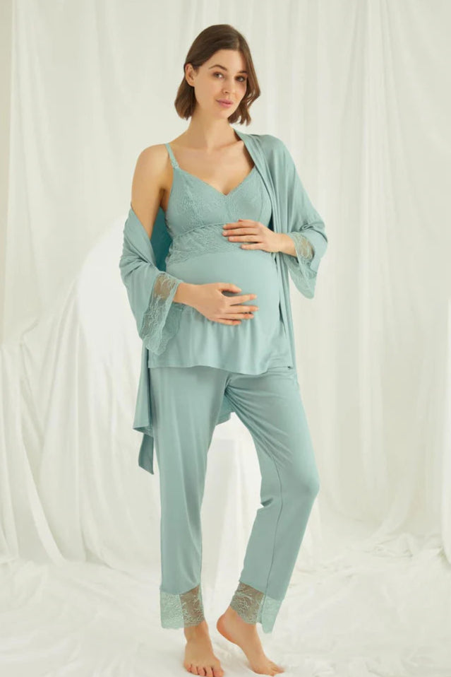 Askılı Dantelli Yaka Lohusa Pijama ve Sabahlık Takımı - 18469