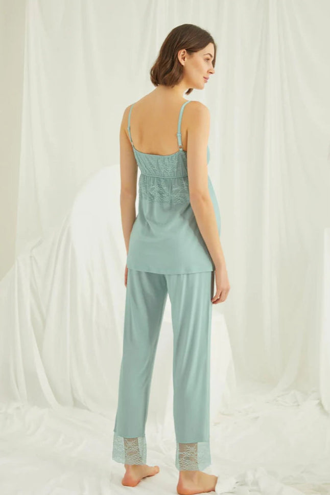 Askılı Dantelli Yaka Lohusa Pijama ve Sabahlık Takımı - 18469