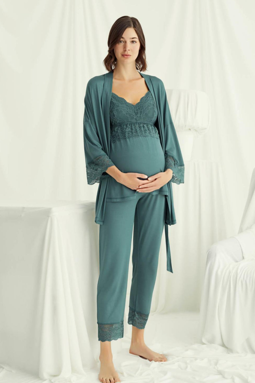 Askılı Dantelli Yaka Lohusa Pijama ve Sabahlık Takımı - 18523