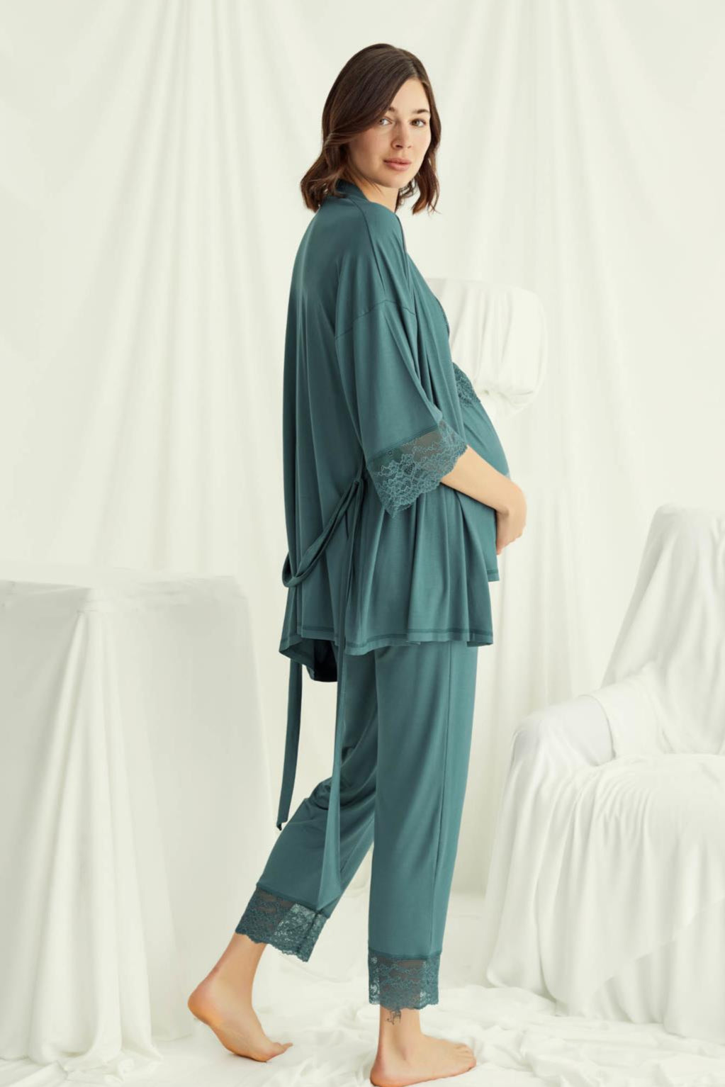 Askılı Dantelli Yaka Lohusa Pijama ve Sabahlık Takımı - 18523