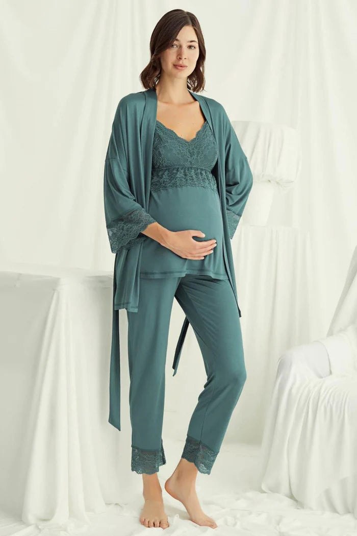 Askılı Dantelli Yaka Lohusa Pijama ve Sabahlık Takımı - 18523