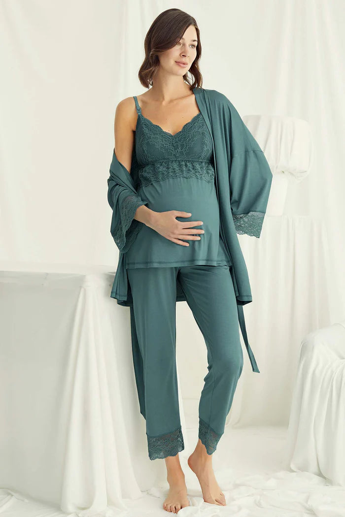 Askılı Dantelli Yaka Lohusa Pijama ve Sabahlık Takımı - 18523