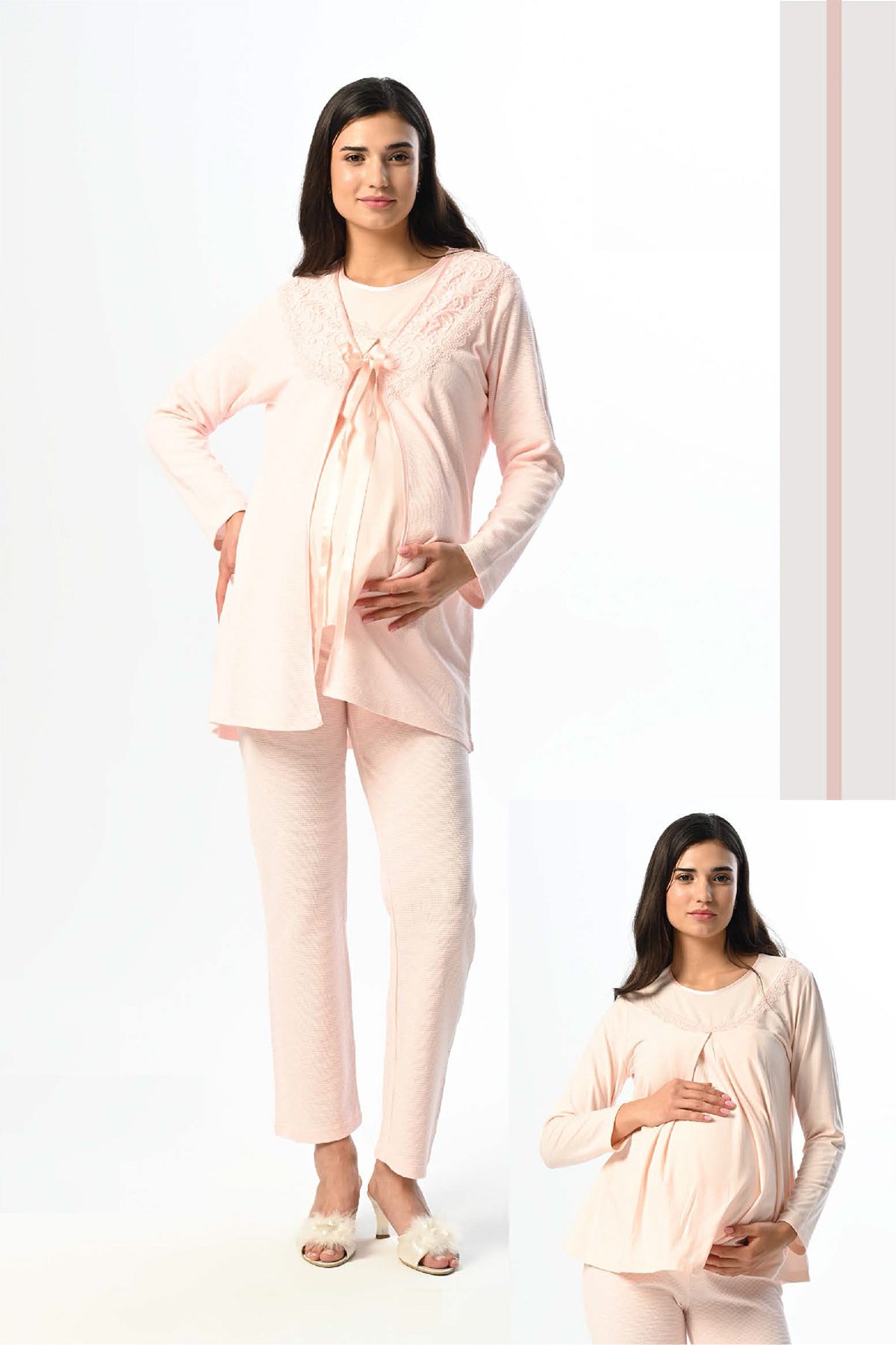 Dantelli Yaka Lohusa Pijama ve Sabahlık Takımı - 22371
