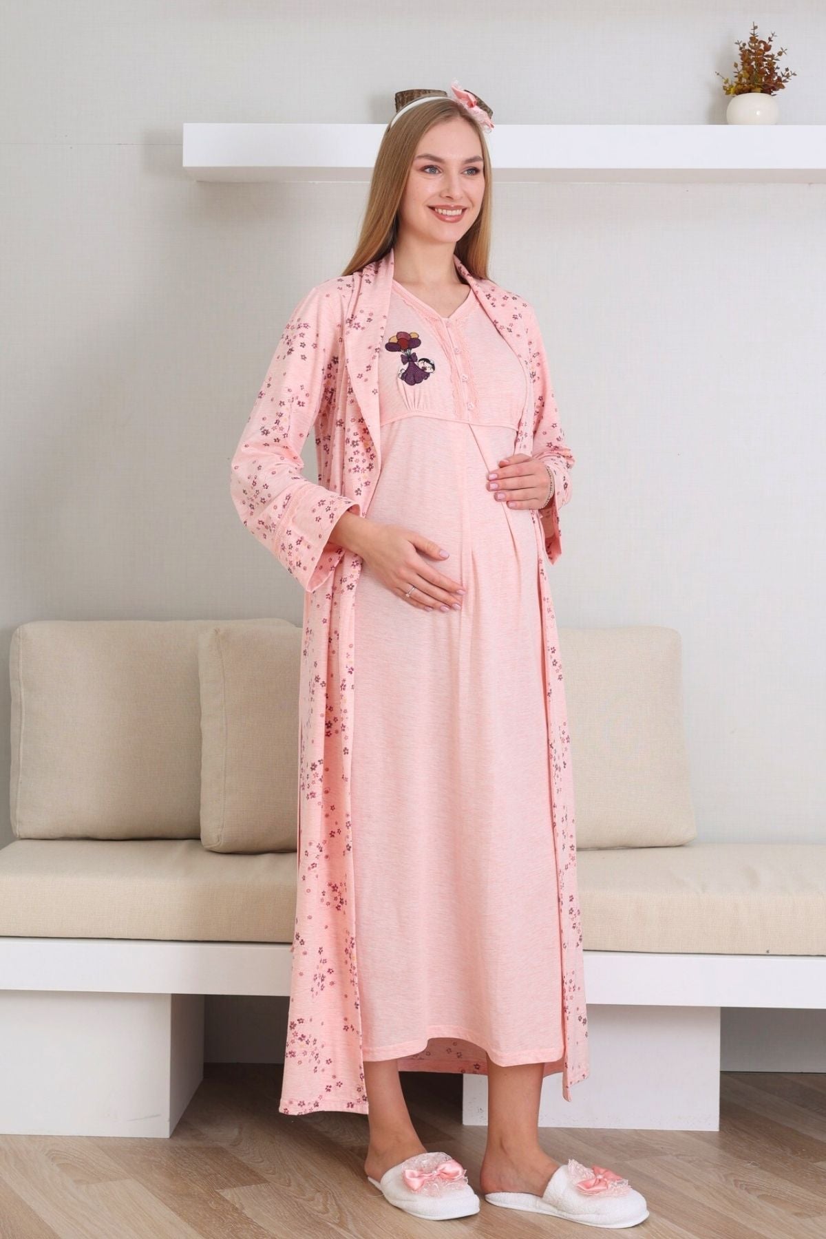 Dantelli Yaka Lohusa Gecelik ve Desenli Sabahlık Takımı - 2289