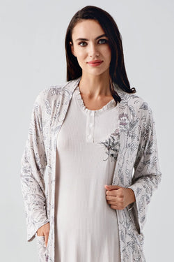 Image of Desenli Likralı Lohusa Pijama ve Sabahlık Takımı - 23100