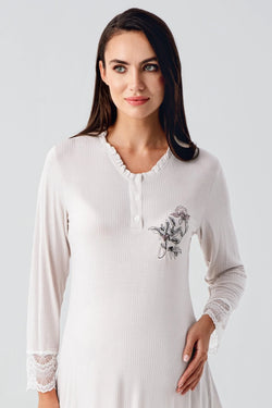 Image of Desenli Likralı Lohusa Pijama ve Sabahlık Takımı - 23100
