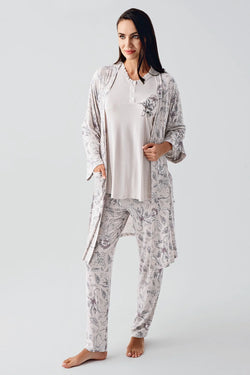Image of Desenli Likralı Lohusa Pijama ve Sabahlık Takımı - 23100