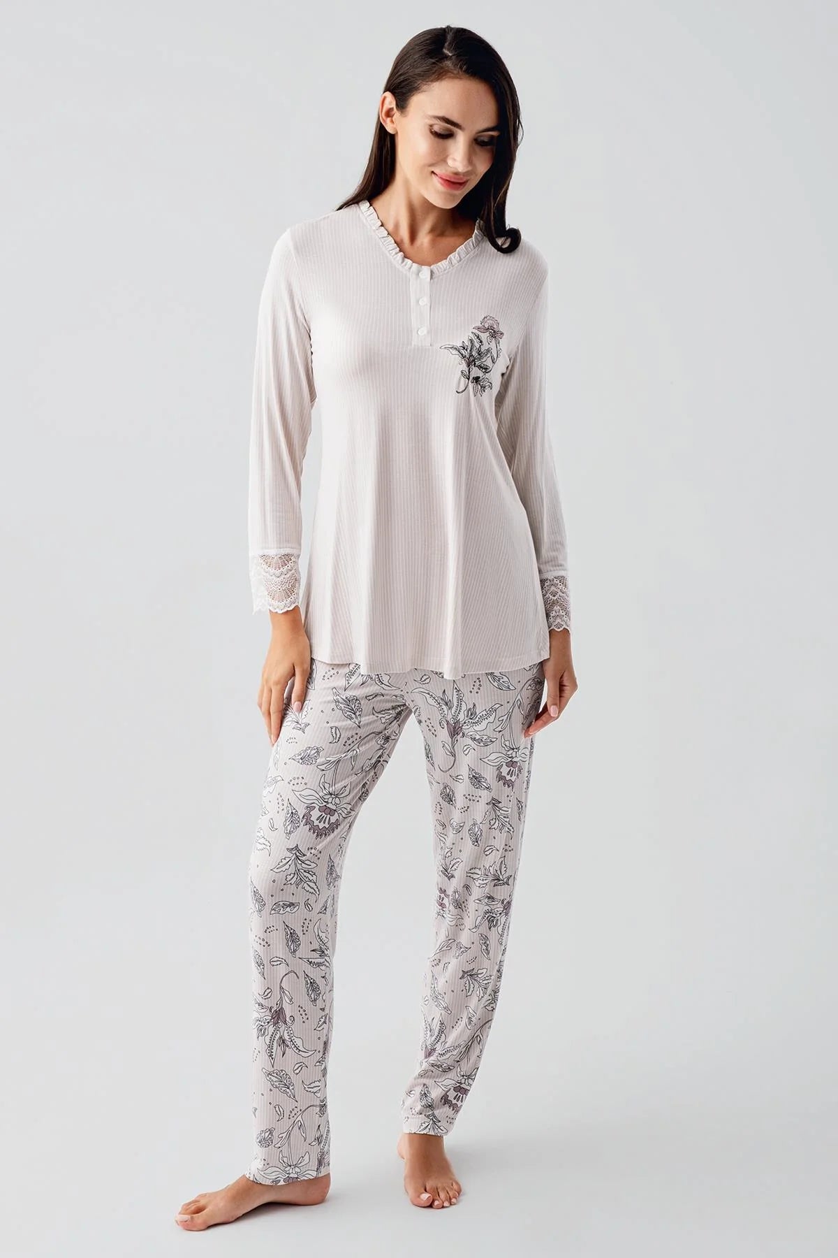 Desenli Likralı Lohusa Pijama ve Sabahlık Takımı - 23100