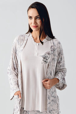 Image of Desenli Likralı Lohusa Pijama ve Sabahlık Takımı - 23100