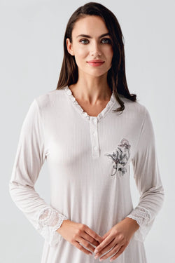 Image of Desenli Likralı Lohusa Pijama ve Sabahlık Takımı - 23100