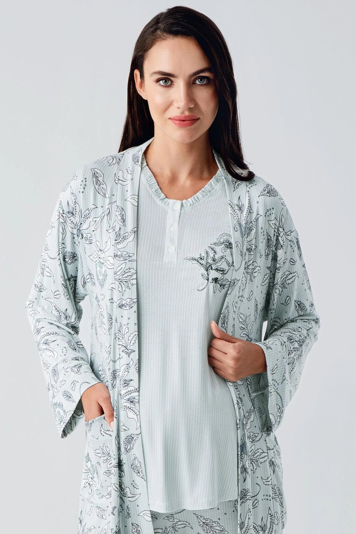Desenli Likralı Lohusa Pijama ve Sabahlık Takımı - 23100
