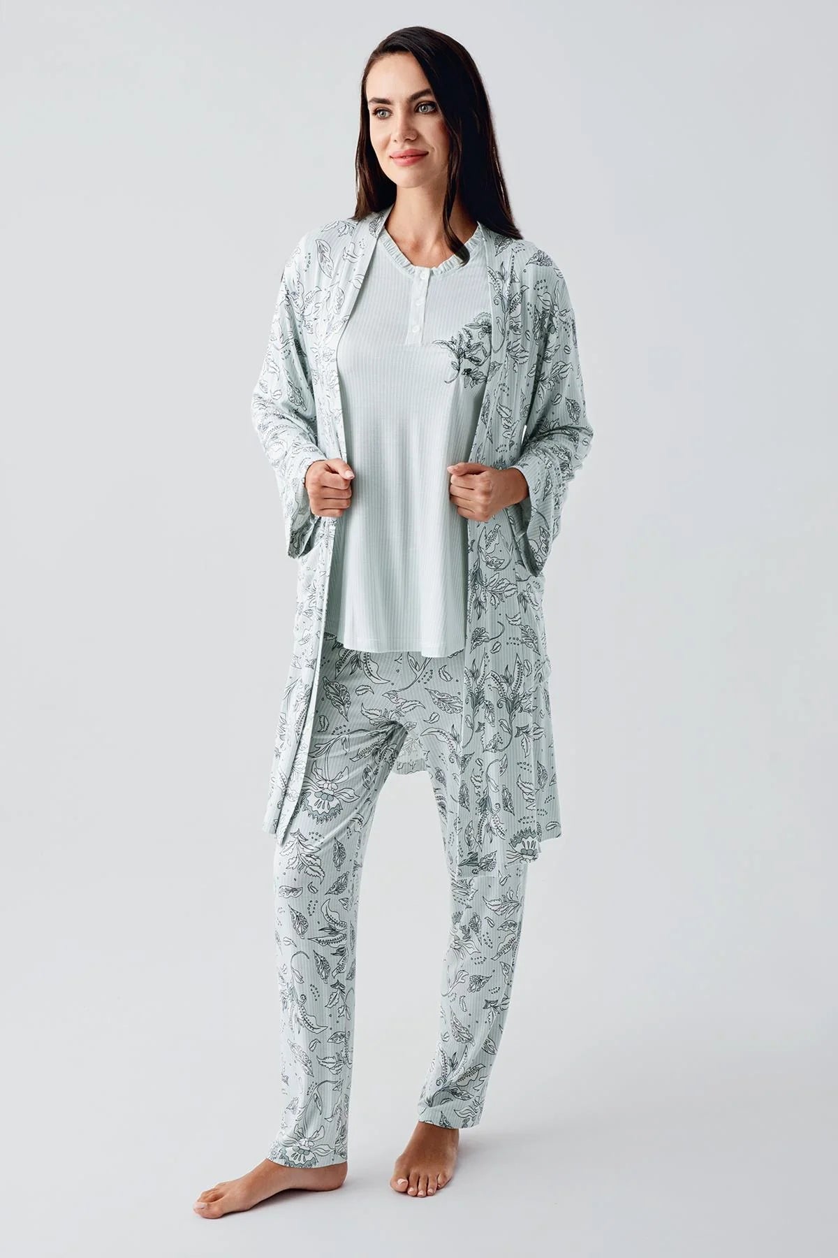 Desenli Likralı Lohusa Pijama ve Sabahlık Takımı - 23100