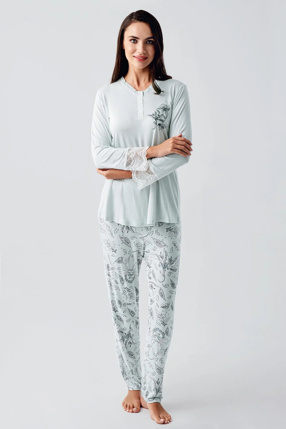 Desenli Likralı Lohusa Pijama ve Sabahlık Takımı - 23100