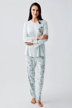 Image of Desenli Likralı Lohusa Pijama ve Sabahlık Takımı - 23100