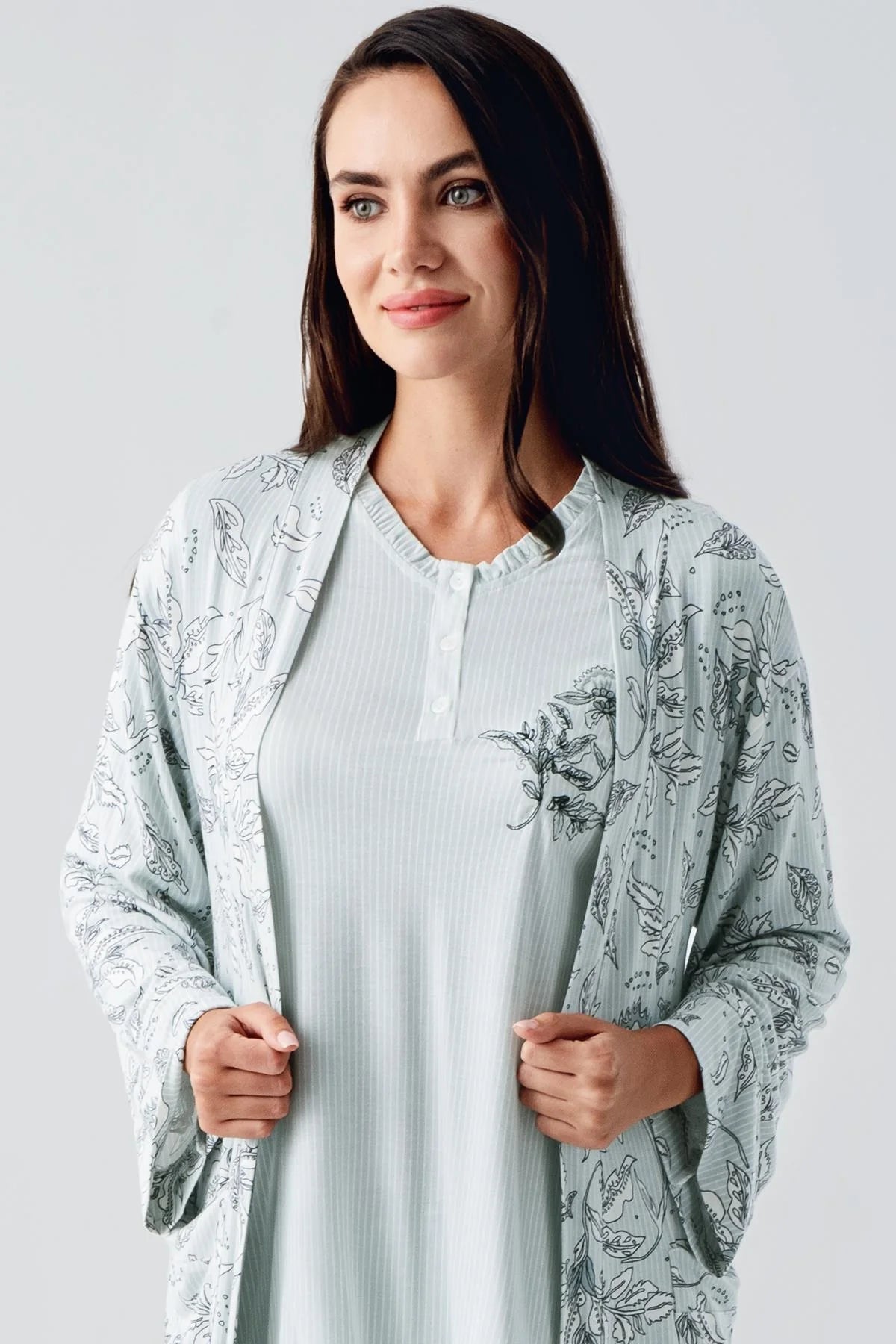 Desenli Likralı Lohusa Pijama ve Sabahlık Takımı - 23100